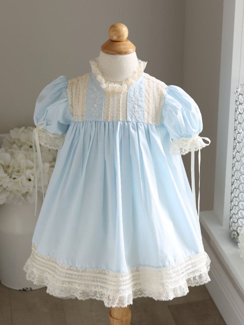 Blue Heirloom Dress Ivory Lace Satin Trim Portrait Flower Girl Special Occasion